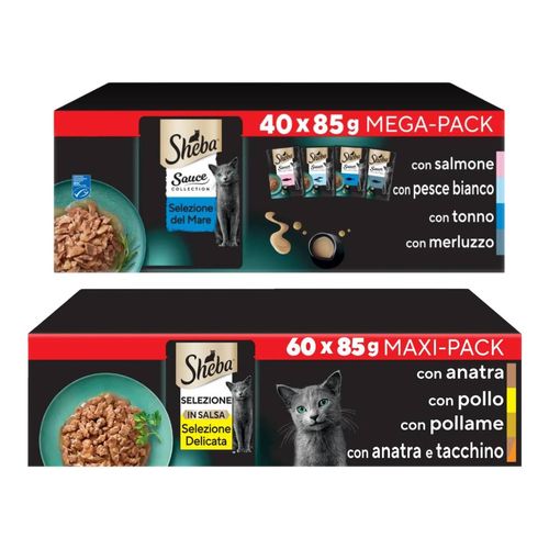 Set Prova Multigusto 40x85G e 60x85G Sheba Cat Sauce Collection Selezione del Mare e Selezione Delicata