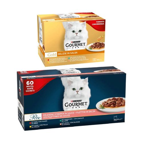Set Prova Multigusto 48x85G e 60x85G Gourmet Cat Perle Filettini e Gold Delizie