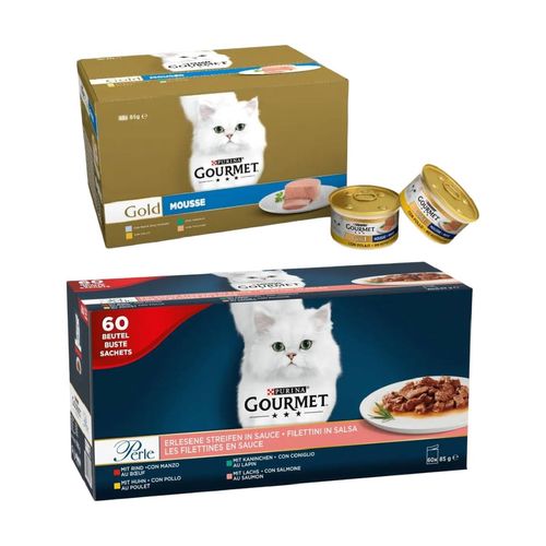 Set Prova Multigusto 48x85G e 60x85G Gourmet Cat Perle Filettini e Gold Mousse