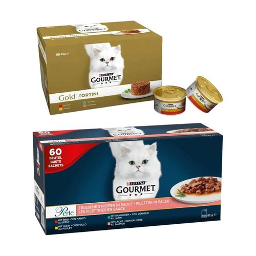 Set Prova Multigusto 48x85G e 60x85G Gourmet Cat Gold Tortini e Perle Filettini
