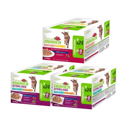 Set Prova Multigusto 24x85G e 48x85G Natural Trainer Cat Sterilised e Adult Mix Salmone Pollo e Merluzzo Tacchino