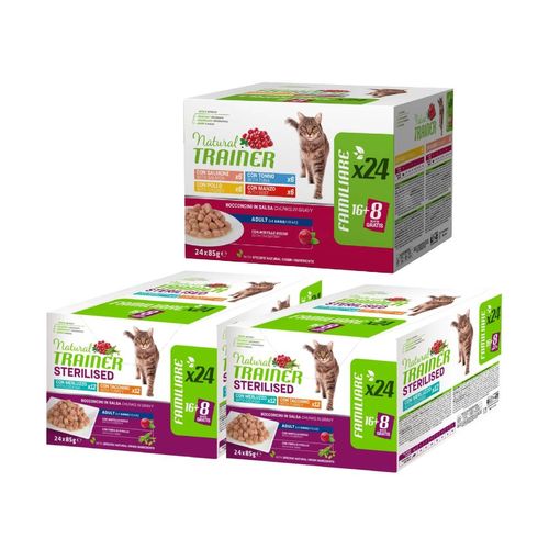 Set Prova Multigusto 24x85G e 48x85G Natural Trainer Cat Sterilised e Adult Mix Carne e Pesce