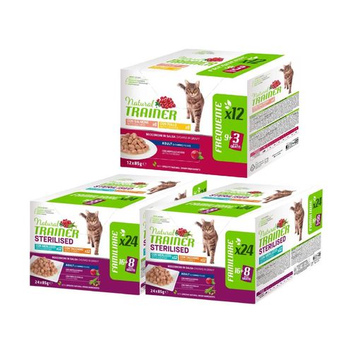 Set Prova Multigusto 12x85G e 48x85G Natural Trainer Cat Sterilised e Adult Mix Pesce e Carni Bianche