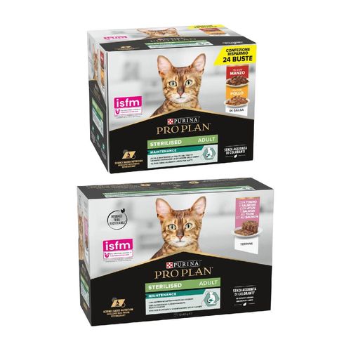 Set Prova Multigusto 12x85G e 24x85G Purina Pro Plan Sterilised Tonno Salmone e Manzo Pollo