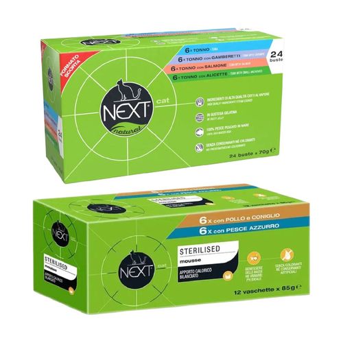 Set Prova Multigusto 12x85G e 72x85G Next Cat Sterilised Pollo Coniglio e Pesce Azzuro e Adult