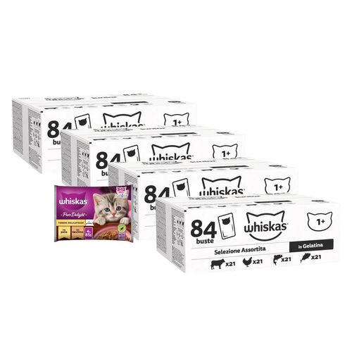 Kit Multigusto Whiskas 336x85g + 4x85g Pure Delight Junior incluso